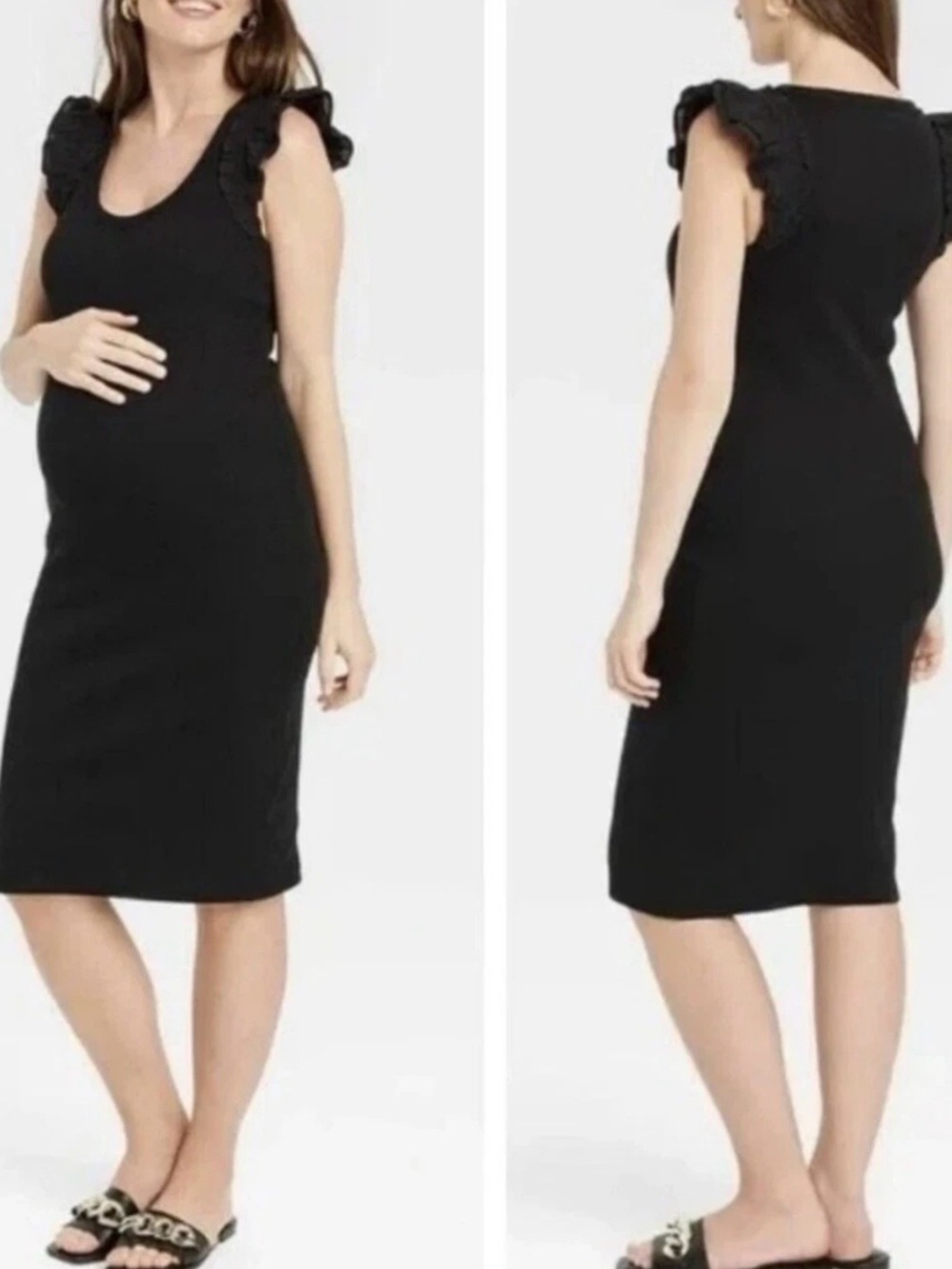 The Nines by HATCH Black Ruffle-Shoulder Midi Maternity Dress size XL